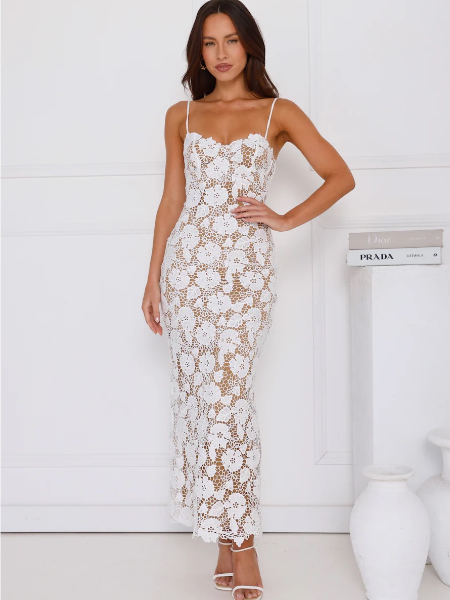 Bellerose White Floral Crochet Maxi Dress With Nude Slip